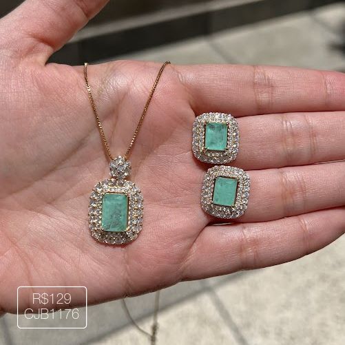 Conjunto Retangular Fusion Turmalina Cravejado Cristal Dourado